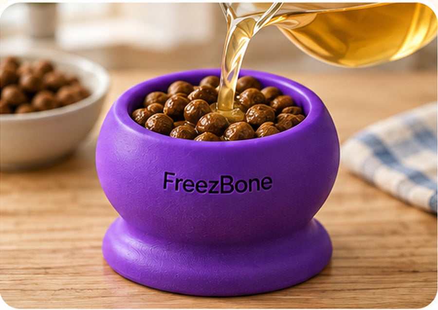 Bone broth poured over kibble in a purple FreezBall