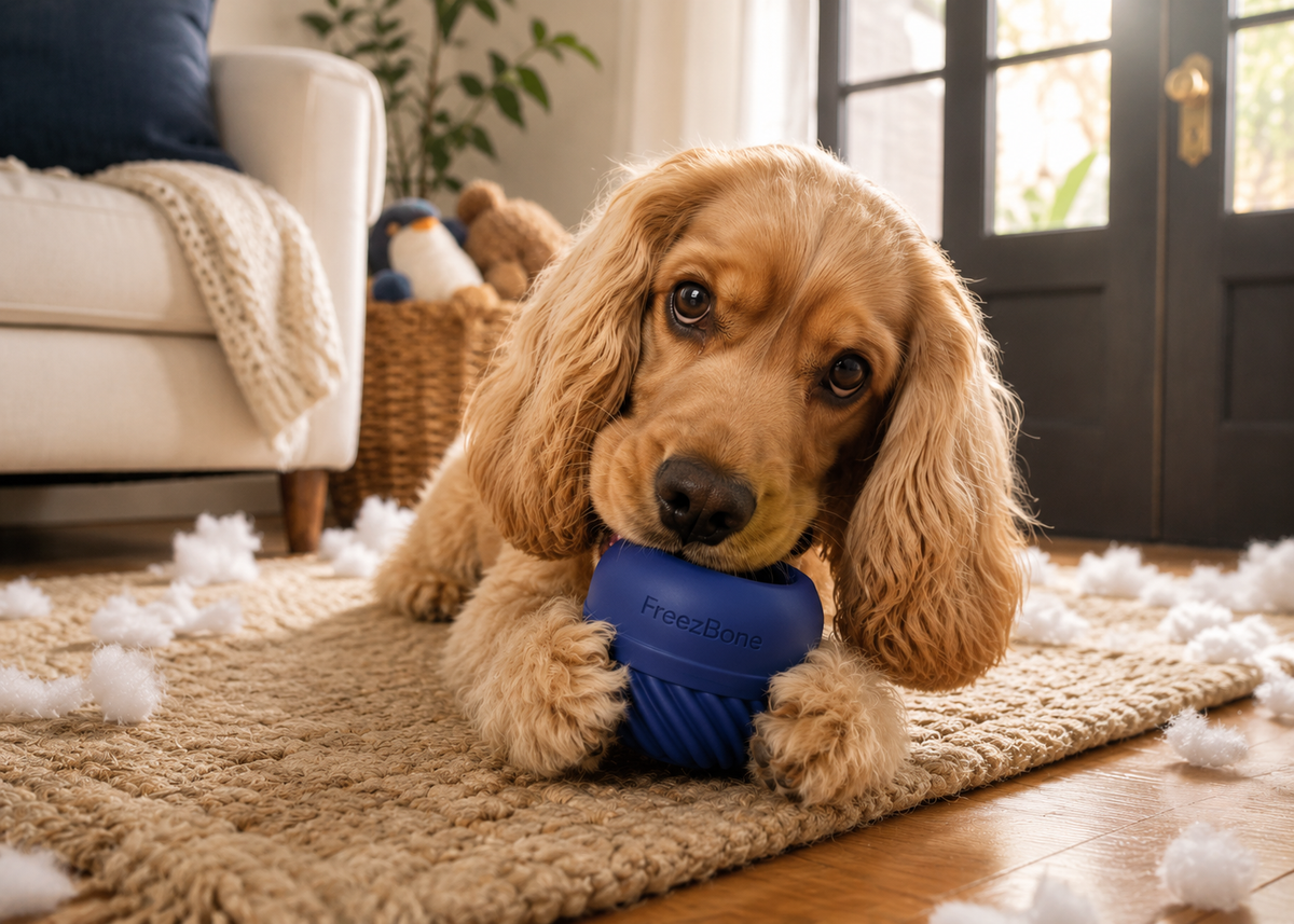 Cocker spaniel holding a navy natural-rubber Freezbone toy