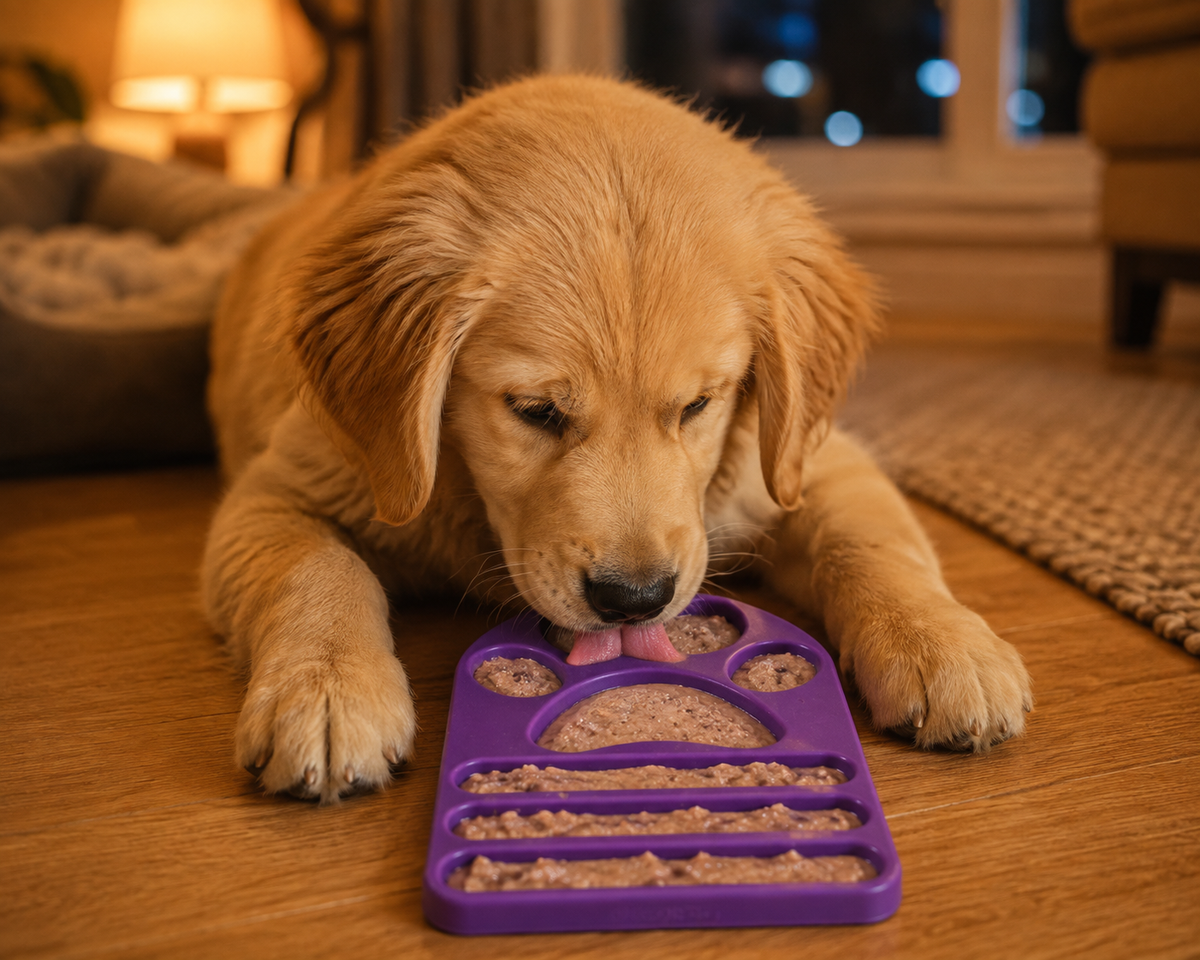 Puppy settled on a rug in the evening, licking a filled lick mat