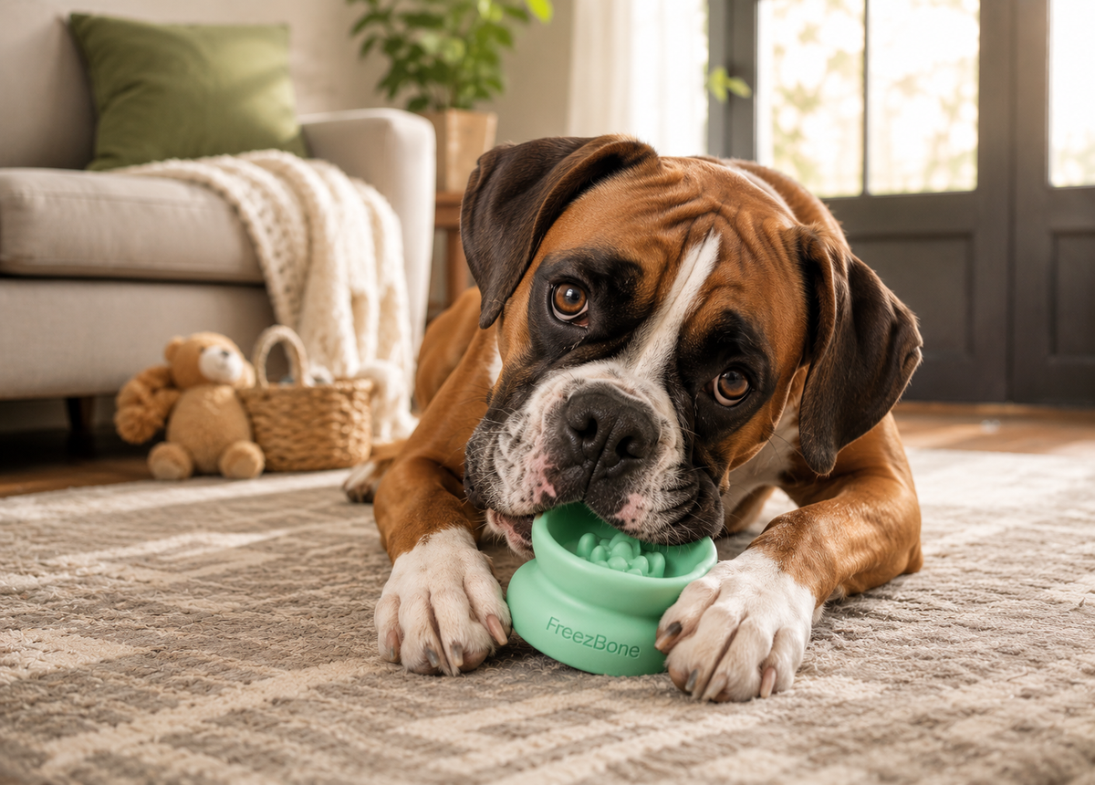 Boxer chewing a filled Freezbone enrichment toy on the floor