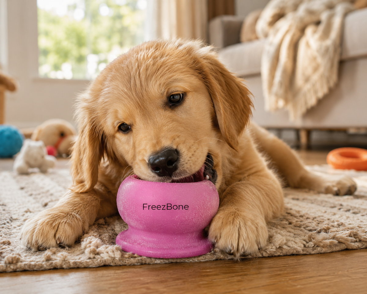 Golden retriever relaxing at home with a pink Freezbone cup