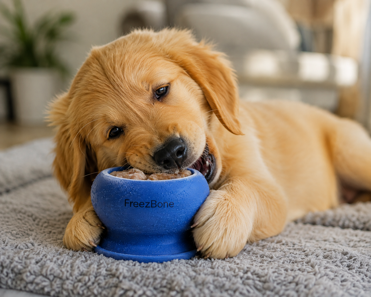 Golden retriever puppy resting indoors with a blue Freezbone cup
