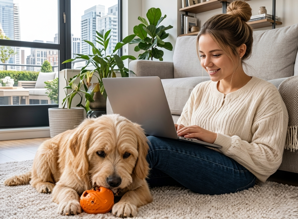 Woman working on a laptop while her dog licks a frozen toy beside her