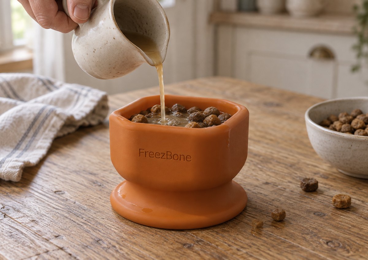 FreezCup filled with kibble and broth, ready for the freezer