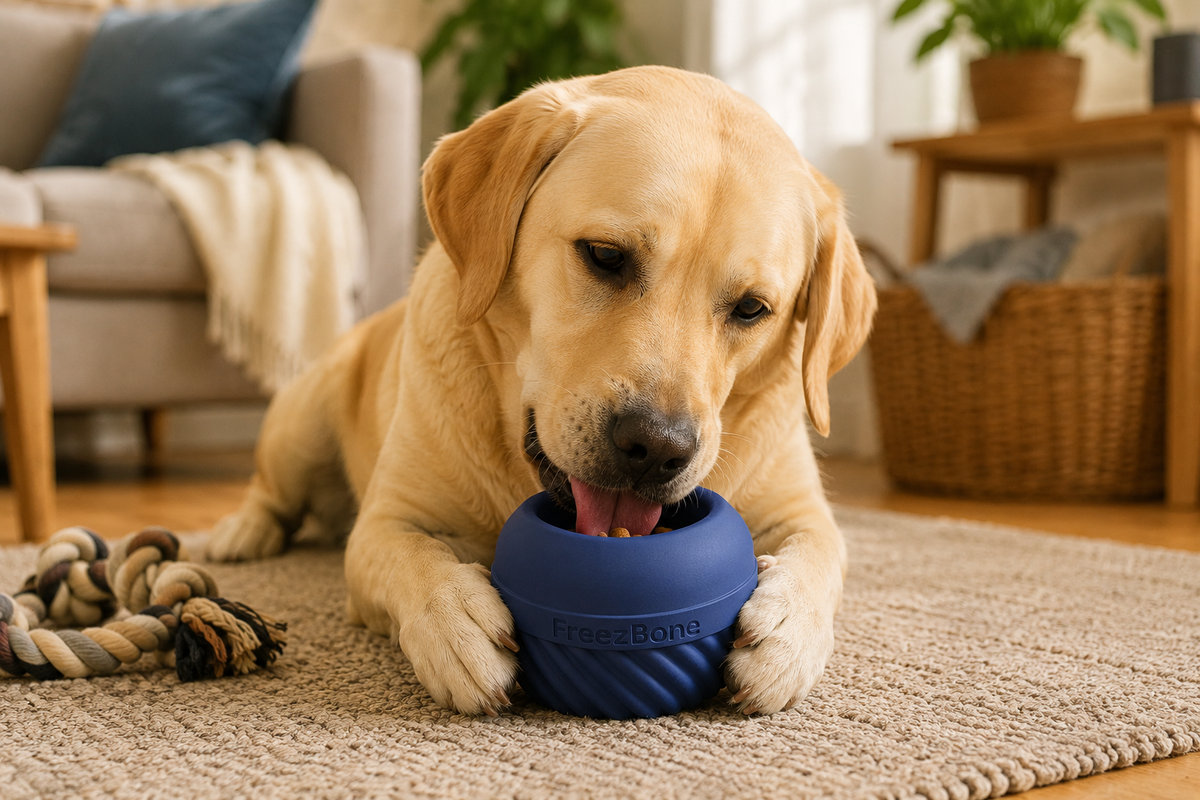 Labrador indoors on a rug, licking a navy Freezbone toy