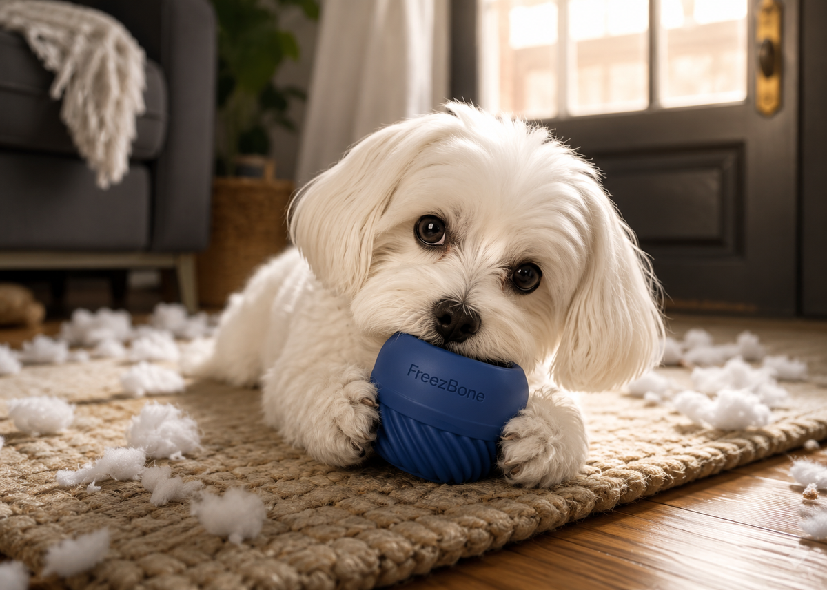 Small white dog with a navy Freezbone toy on a rug