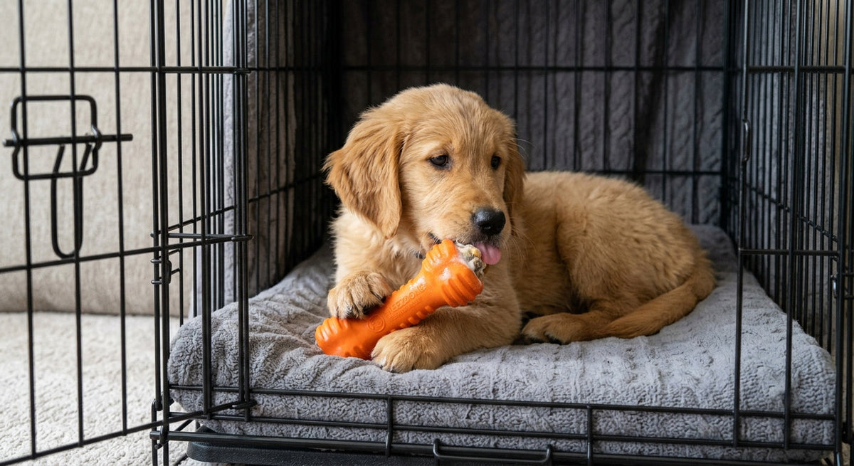 Golden puppy resting in an open crate with a chew toy