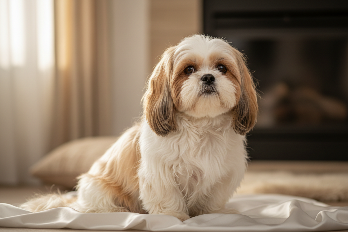 Older Shih Tzu resting calmly in a bright living room