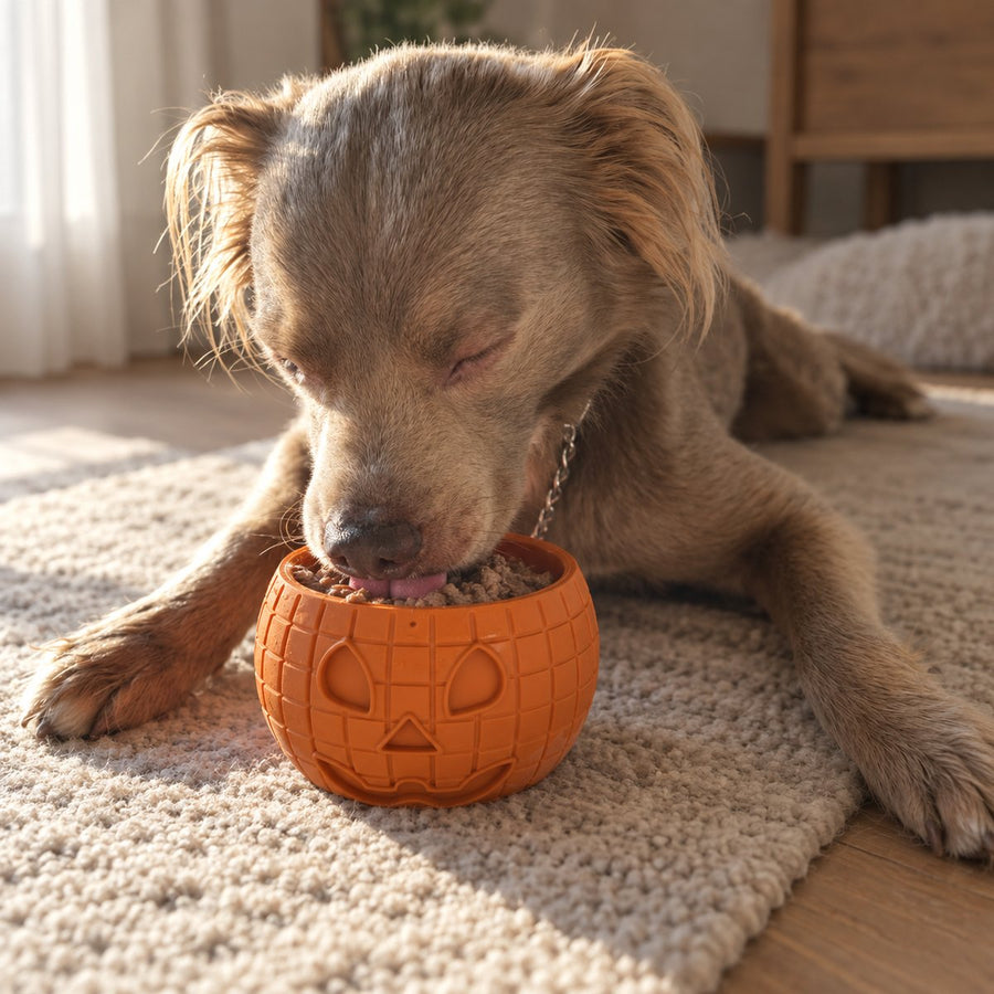 Ein Hund schleckt an einer gefrorenen FreezPumpkin